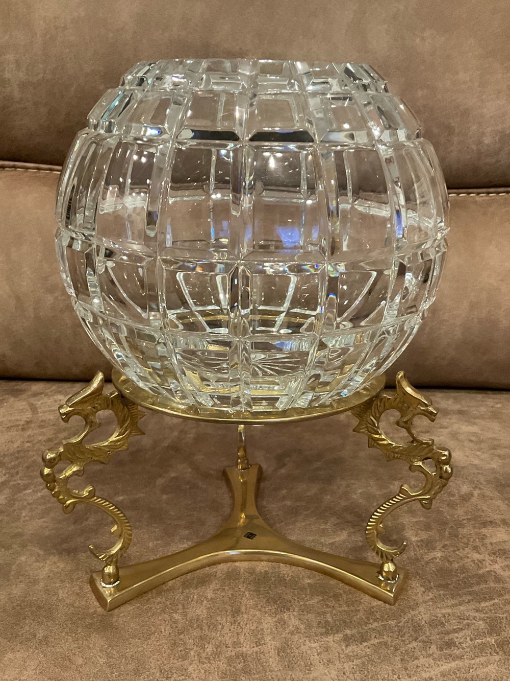 Vintage Crystal Globe Bowl with Dragon Brass Base